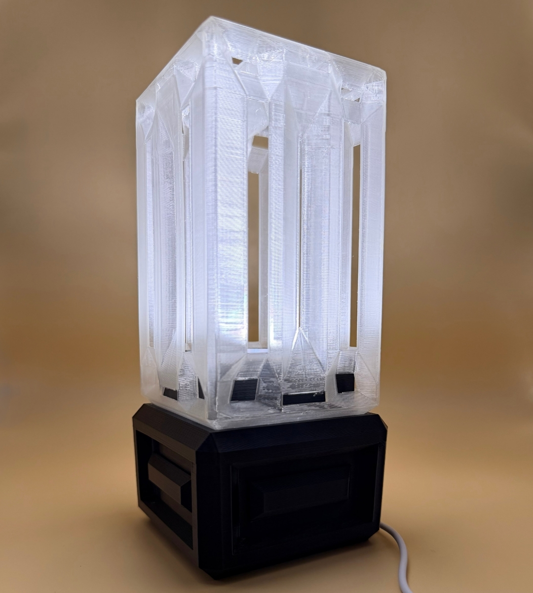 3D Printed Modern Geometric Table Lamp with translucent geometric shade and black base