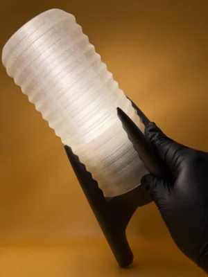 3D Printed Rechargeable Bedside Lamp components with geometric stand, translucent diffuser, rechargeable LED light and remote control